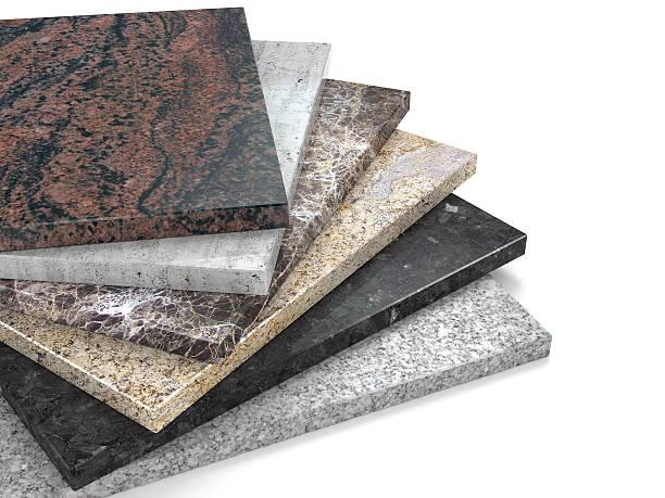 Palette of marble granite samples on white background.